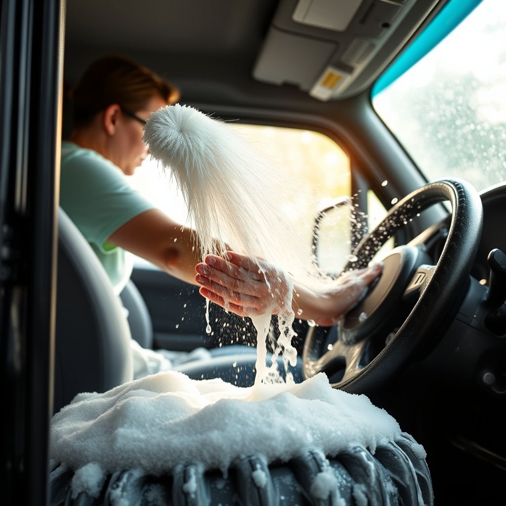 Une mousse abondante dévale la carrosserie noire d’un véhicule, tandis qu’une personne aux ongles soignés tient une lance haute pression, dirigeant un jet puissant vers une roue. Le pneu brillant contraste avec le savon. La scène se déroule en intérieur, probablement dans une station de lavage, avec une lumière naturelle douce filtrant par de grandes fenêtres, créant une ambiance propre. Les gouttes d’eau scintillent sur la carrosserie, évoquant fraîcheur et soin. L’atmosphère incarne diligence et attention au détail, soulignant l’importance de garder un véhicule impeccable.