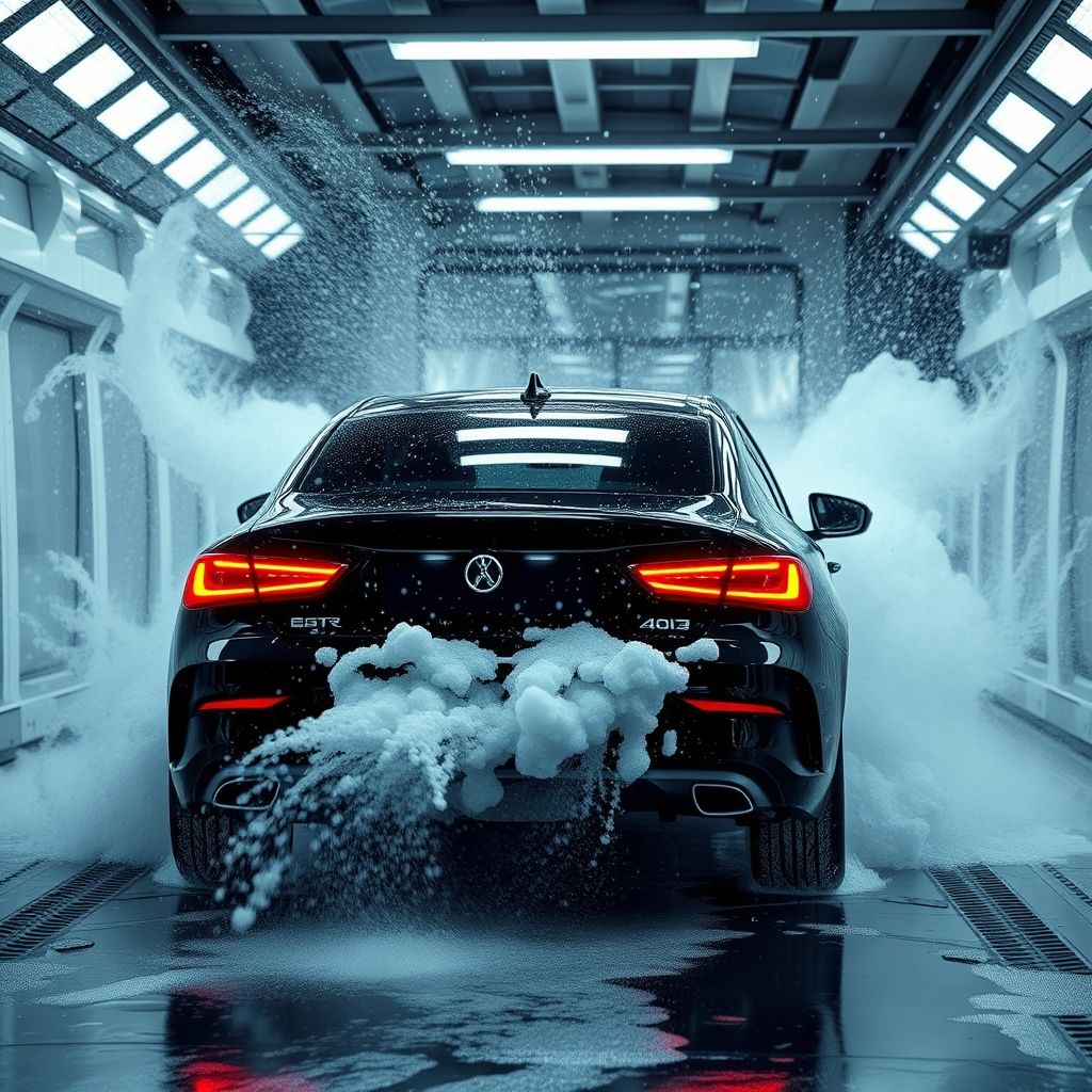 Une voiture noire élégante, partiellement cachée par des jets d’eau et de mousse, est lavée dans un tunnel de lavage automatisé, entourée de brosses bleues vives en mouvement. Le véhicule est éclairé par une lumière diffuse qui met en valeur les gouttes d’eau et la mousse scintillantes. En arrière-plan, des machines floues soulignent le caractère automatique du lavage. La scène exprime dynamisme et propreté, capturant la transformation du véhicule durant le processus.