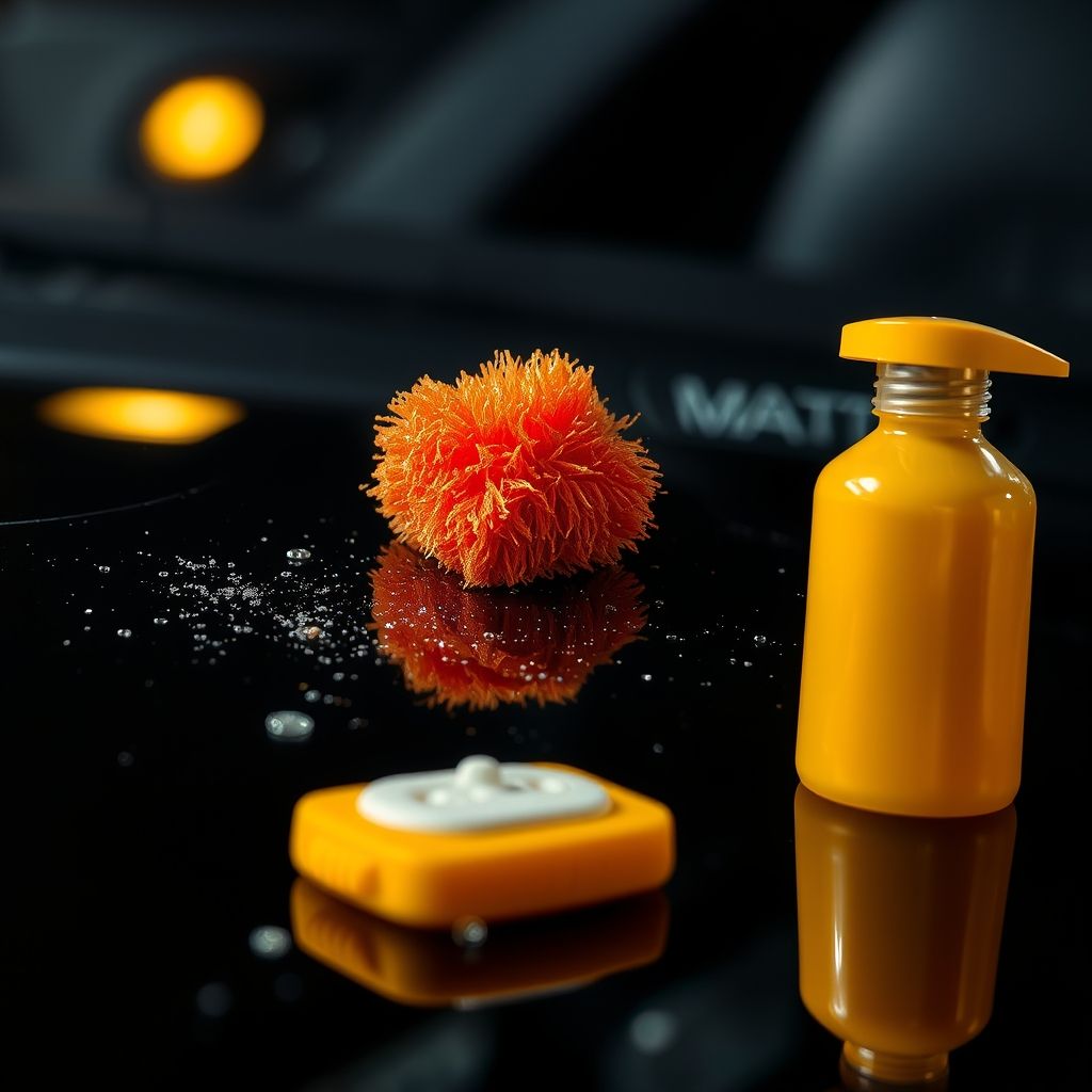 Une main gantée de noir frotte délicatement une voiture rouge vif avec une éponge jaune, générant une mousse abondante qui adhère à la peinture brillante. La scène est lumineuse, suggérant un espace de lavage ou de detailing intérieur, où les reflets des lumières rehaussent la surface polie. Les bulles de savon coulent le long de la carrosserie, illustrant un nettoyage minutieux et soigné. L’atmosphère invite à la satisfaction du soin apporté au véhicule.