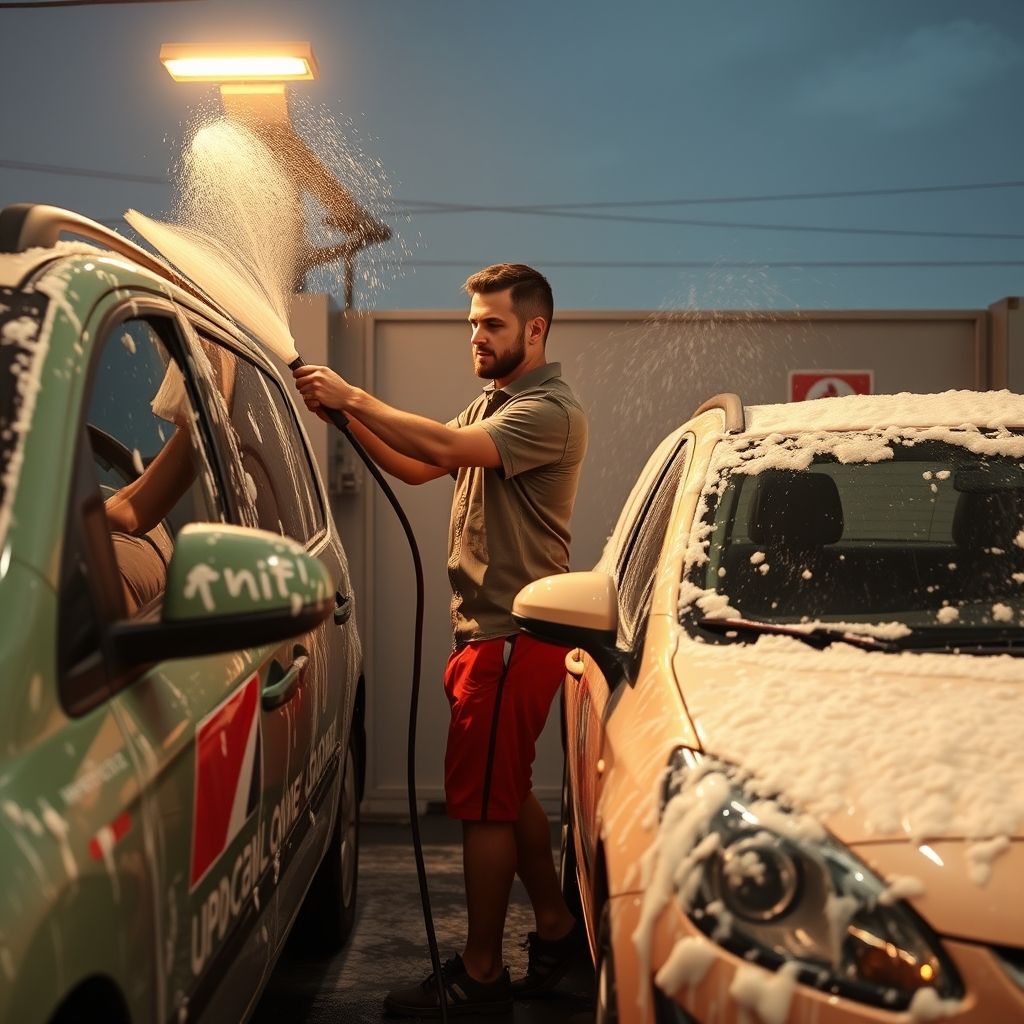 Sous un ciel lumineux, un homme lave activement deux voitures dans une station de lavage libre-service, leurs surfaces recouvertes d’épaisses mousses. L’homme, vêtu d’une chemise à carreaux et d’un short rouge, tient avec assurance une lance à pulvérisation dirigée vers un véhicule, tandis qu’une autre voiture, modèle élégant, est déjà savonnée et brillante à proximité. L’aire de lavage est parfaitement organisée, avec des instructions affichées au mur, et une palette de couleurs verte et blanche apporte une ambiance fraîche et dynamique. Le sol mouillé de mousse reflète la lumière du soleil, créant une atmosphère à la fois ludique et professionnelle.