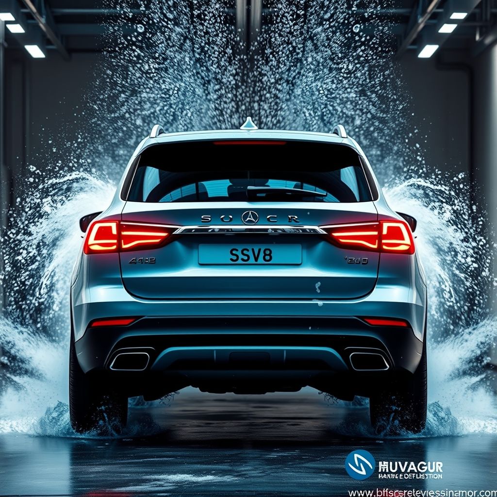 Un SUV sombre est capturé dans un moment dynamique lors d’un cycle de lavage en station, entouré de brosses bleues vives en mouvement. Des jets d’eau savonneuse couvrent l’arrière, créant un voile de bulles et de gouttes scintillantes. La scène dégage énergie et mouvement, avec une lumière éclatante mettant en valeur la surface lisse. Le contraste entre la robustesse extérieure et l’action douce du lavage évoque fraîcheur et renouvellement. Cette image vivante illustre parfaitement l’expérience de nettoyage professionnelle et esthétique.