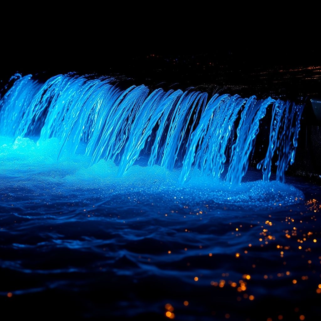 Une voiture de sport bleue traverse une cascade d’eau, créant des éclaboussures lumineuses sur un fond sombre flou. La surface brillante reflète des nuances vibrantes et la lumière souligne ses lignes aérodynamiques et sa finition laquée. Des rayons intenses accentuent le mouvement dynamique et l’écoulement de l’eau. L’ambiance nocturne et l’action excitante suggèrent vitesse et adrénaline, captivant l’attention avec une composition puissante et énergétique. L’atmosphère allie luxe et excitation, invitant à admirer l’art et l’ingénierie du véhicule dans ce moment cinématographique vibrant.