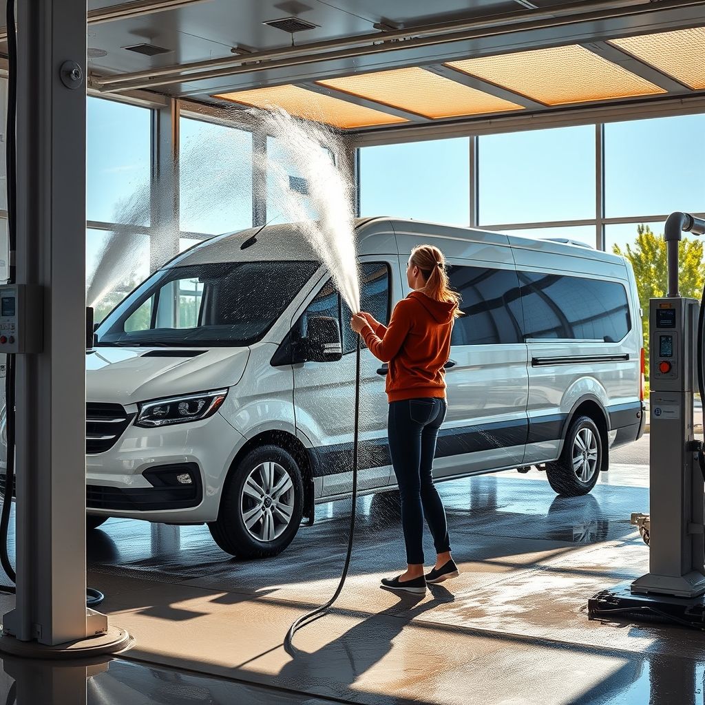 Une personne nettoie activement une voiture noire dans une station de lavage automatique, utilisant un jet haute pression qui envoie un flot d’eau savonneuse sur le véhicule. La voiture, en partie masquée par la mousse et l’eau, arbore des jantes chromées brillantes qui contrastent avec sa carrosserie sombre. De grandes fenêtres laissent entrer la lumière naturelle, illuminant l’espace et créant des reflets éclatants sur le sol carrelé. L’ambiance est dynamique et fraîche, mettant en valeur le processus de nettoyage et de renouvellement.