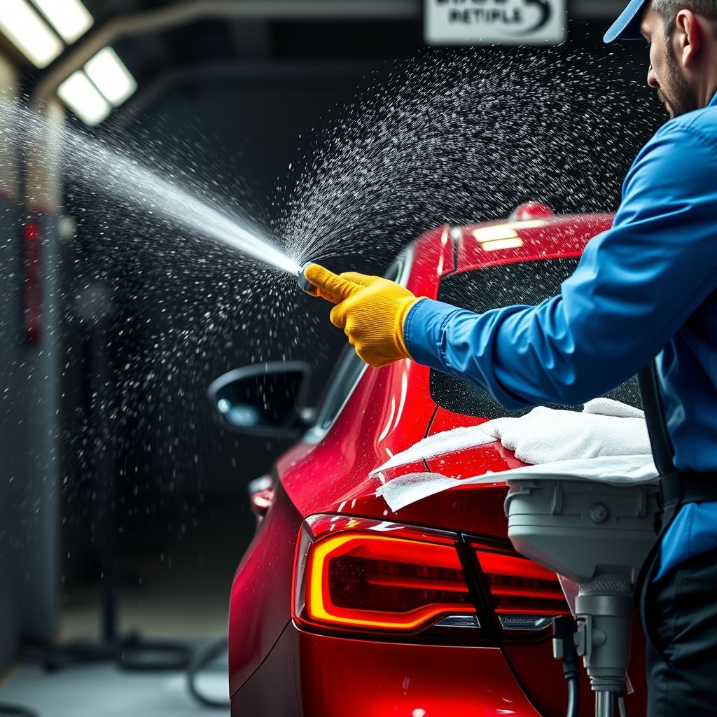 Un employé en chemise bleue et gants jaunes éclaboussants pulvérise de l’eau sur une voiture noire dans une station de lavage, créant un rideau de gouttes brillantes sur la carrosserie. La lumière illumine la mousse blanche qui adhère au véhicule. Le contraste entre le noir profond et la mousse met en avant le processus de nettoyage, tandis que des véhicules flous en arrière-plan suggèrent une activité intense. L’atmosphère est vivante et fraîche, capturant un instant de transformation et de renouvellement.